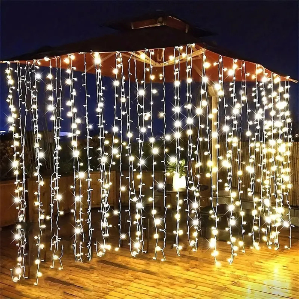 Ηλιακά Λαμπάκια Κουρτίνα 300LED 3x3m με Διάφανο Καλώδιο BX-036 Θερμό χρώμα