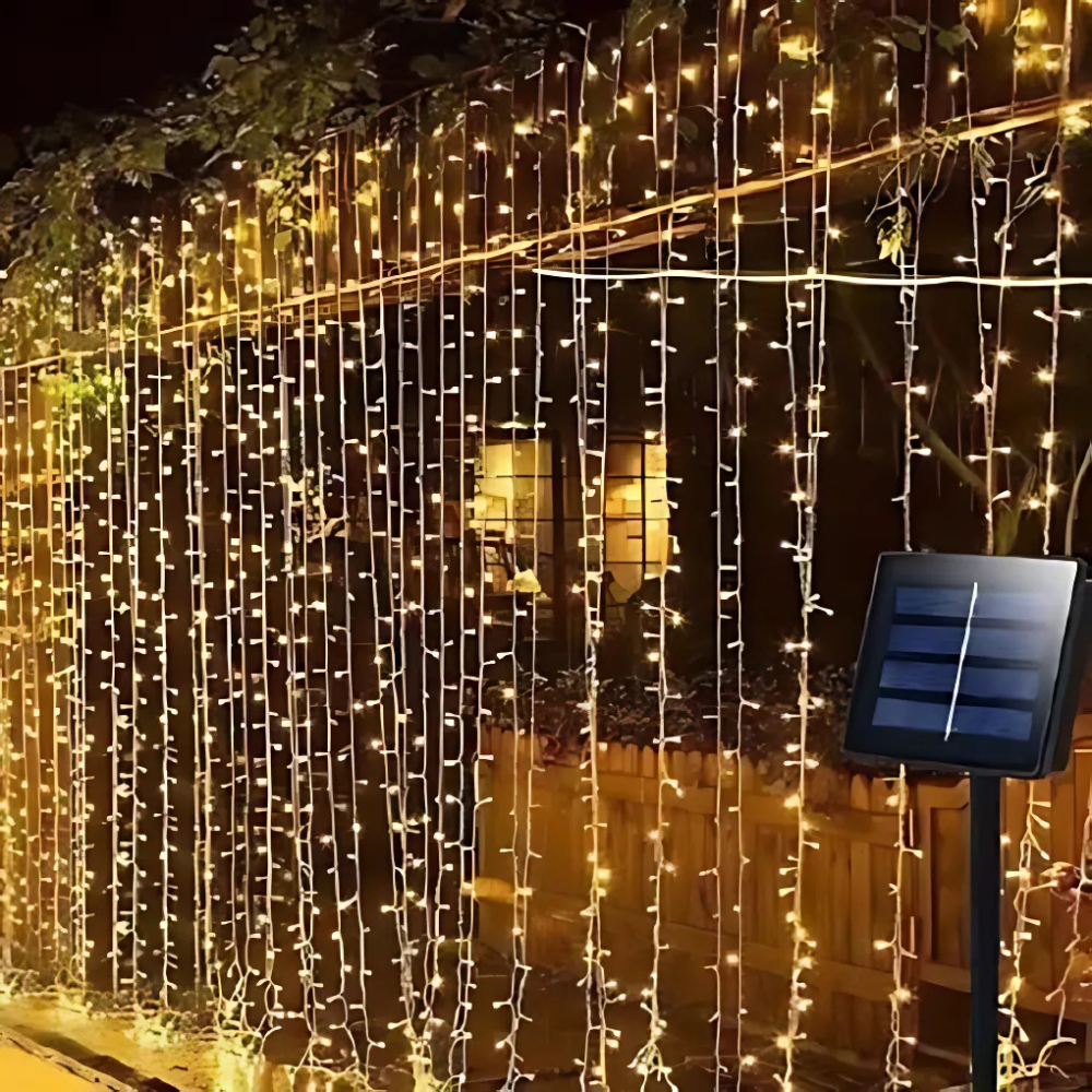 Ηλιακά Λαμπάκια Κουρτίνα 300LED 3x3m με Διάφανο Καλώδιο BX-036 Θερμό χρώμα